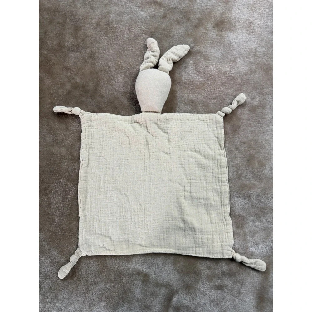 Rabbit Lovey Security Blanket Muslin Cotton Beige Knotted Corners